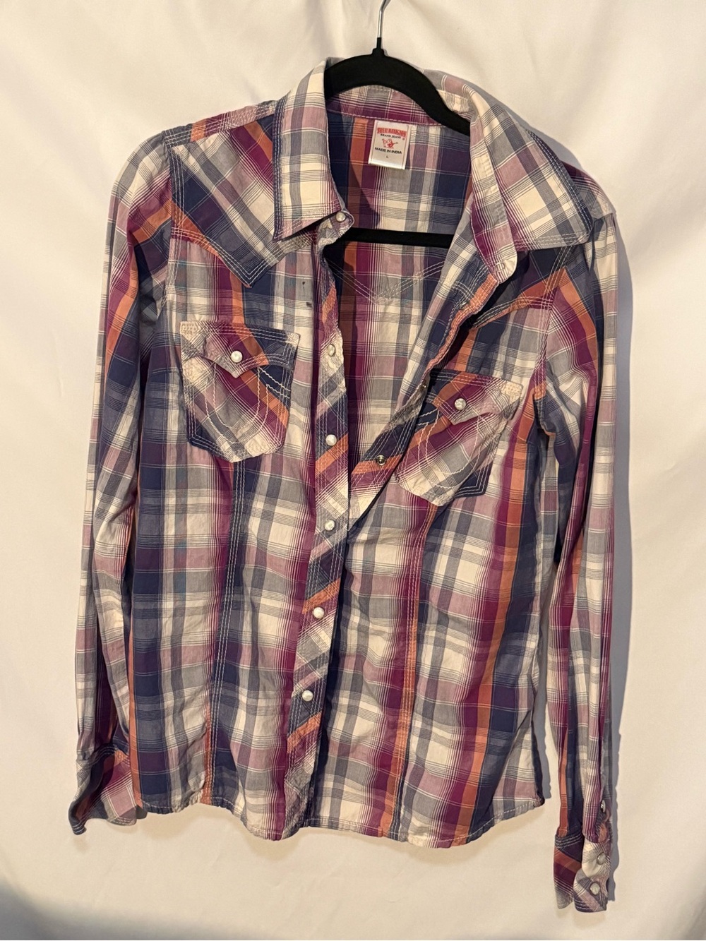 Women’s True Religion Plaid Button-Up Shirt in Purple, Pink, and White - Sz L
